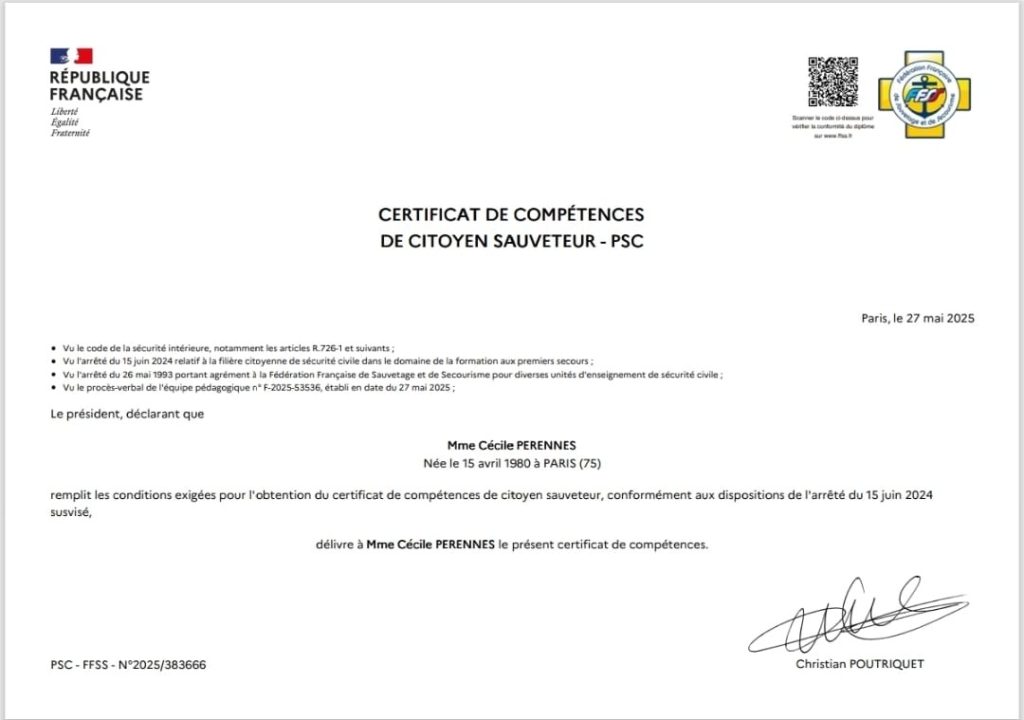 Certificat de compétences de Citoyen Sauveteur